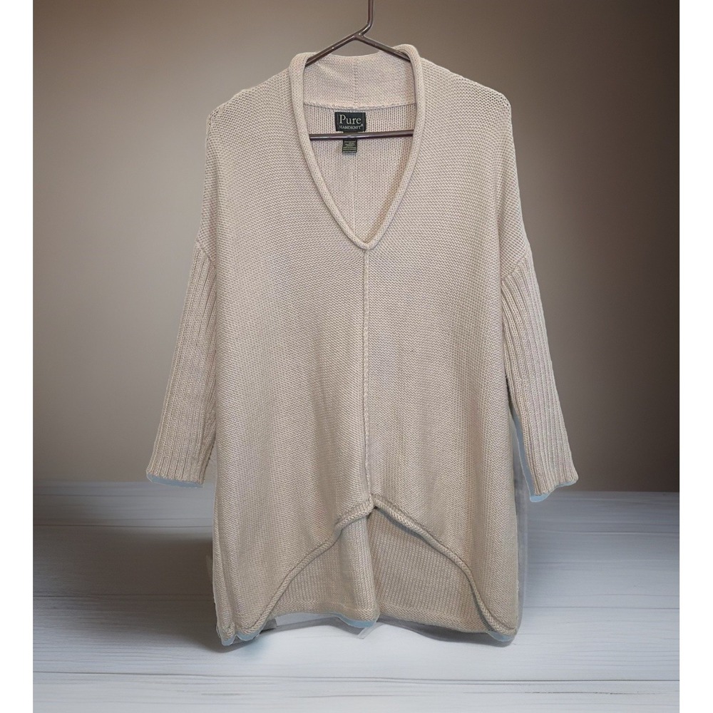PURE Handknit Tunic Sweater Womens Sz M/L Pullover V-neck Lagenlook Beige Cotton